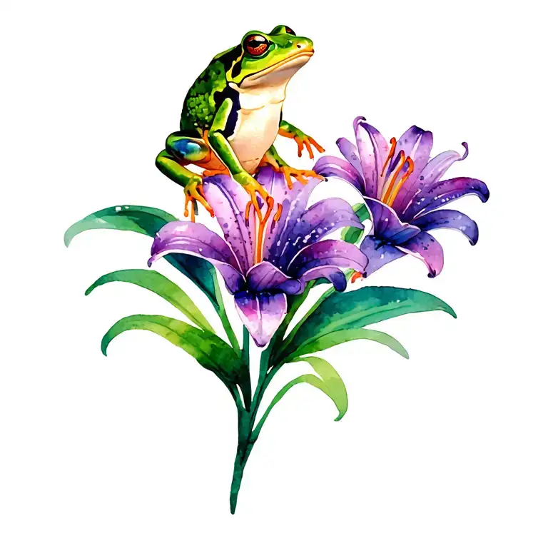 Frog On purple lily flower tattoo design idea