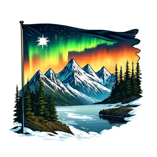 mountains background aurora sky alaska flag tattoo design idea