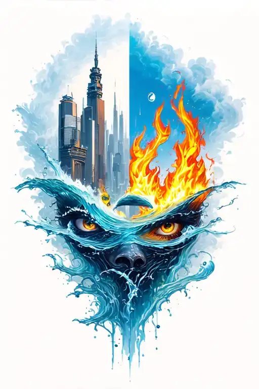 A unique design combining the four elements (earth, water, fire, air) into a urbanised yet not futuristic environment tattoo design idea
