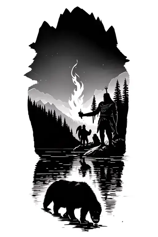 mountain scene with Lake and Bear family Silouette by the lake with Prometheus giving Viking man fire tattoo design idea