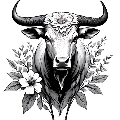 taurus bull, april birth flower tattoo design idea