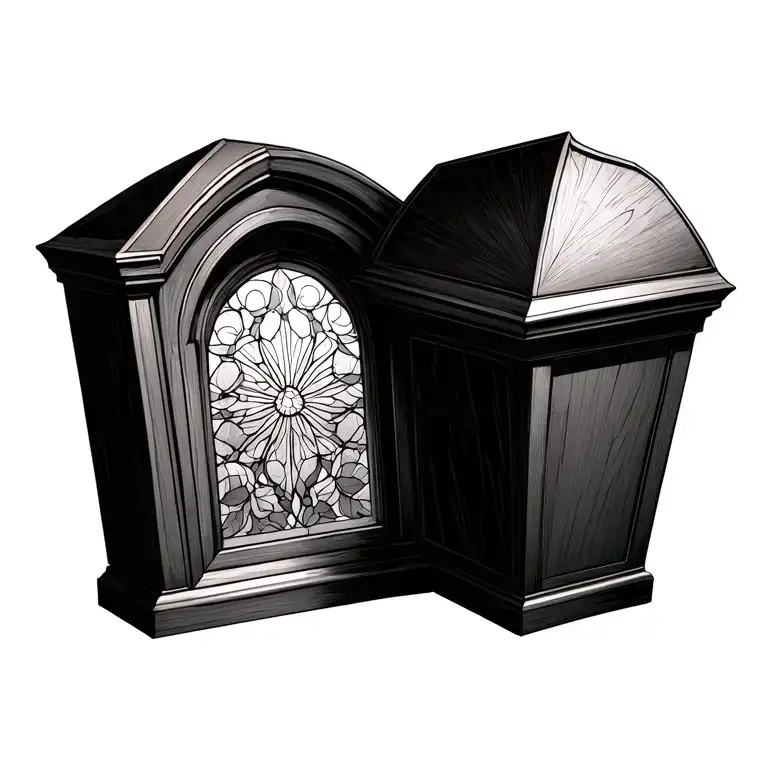 stained glass window resting on coffin adorned with intricate tattoo design idea