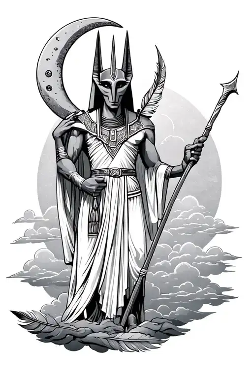 Anubis holding crescent moon staff with feather at the bottom with clouds tattoo design idea