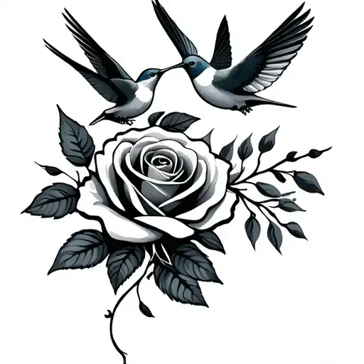 2 humming birds flying with a rose tattoo design idea