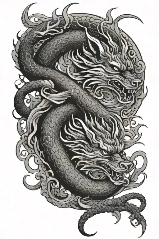 Chinese dragon and Japanese fox curled tattoo design idea