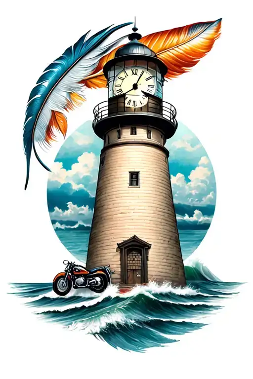 lighthouse with clock indian feather, motorcycle and fish tattoo design idea