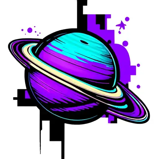 SATURN PLANET WHAT IS ACUTELA style in violet and turquoise colors tattoo design idea