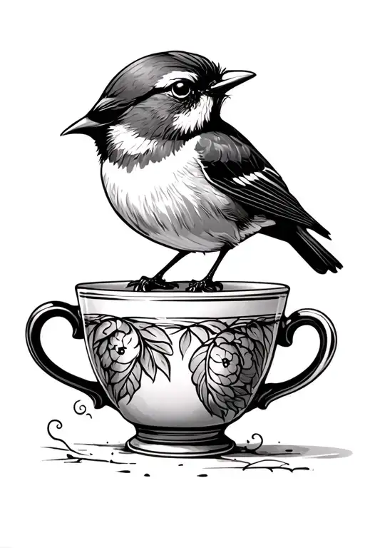 Eastern towhee perched out teacup  tattoo design idea