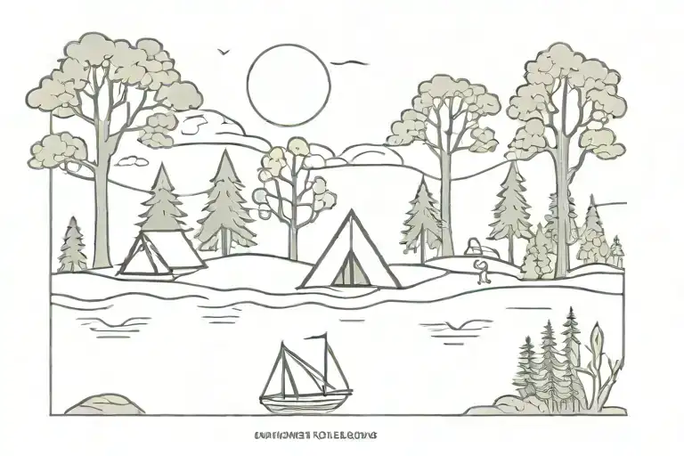 sea, trees, sunset, camping scene tattoo design idea