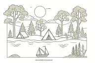 sea, trees, sunset, camping scene tattoo design idea
