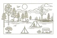 sea, trees, sunset, camping scene tattoo design idea