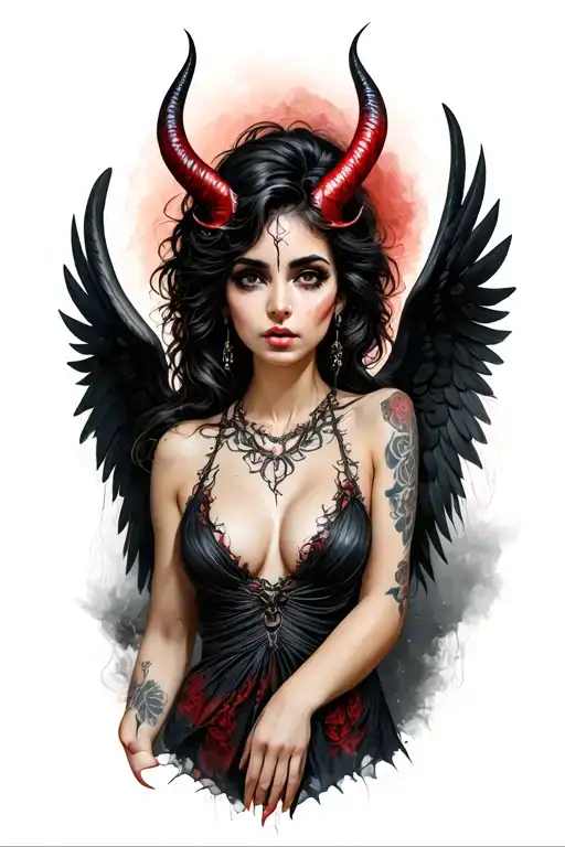devil horns feminine broken angel tattoo design idea
