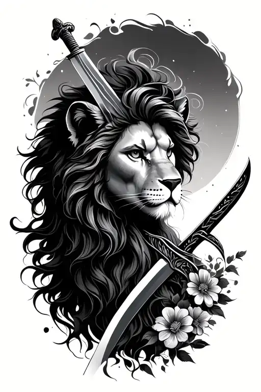 lion's spirit coming out a women representing strength, with a sword running along the tattoo with minimal flowers. tattoo design idea