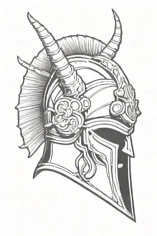 the geek god ares, horns on traditional Greek helmet in a 3/4 view through camera lens tattoo design idea