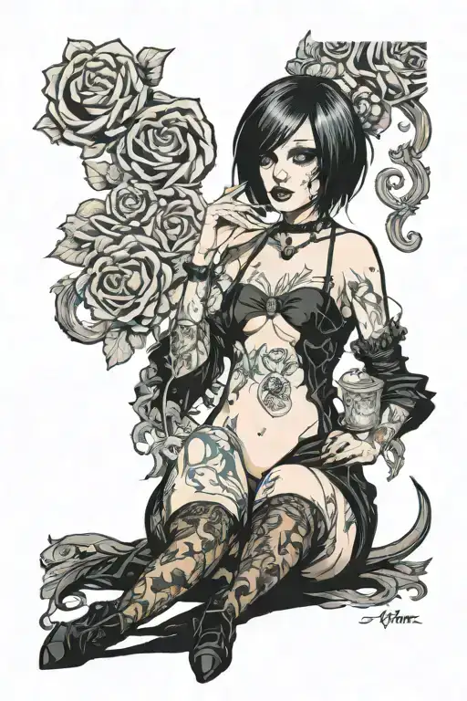 Sexy girl, Huge cleavage, petite, torn clothing, short white bob hairstyle, smoking a cigarette in mouth, thick thighs  tattoo design idea