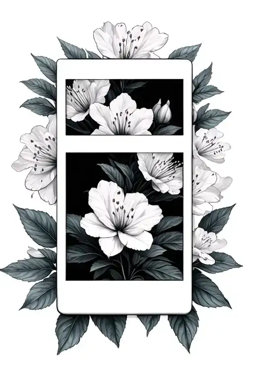 Polaroid pictures with azaleas behind it and surrounding them tattoo design idea