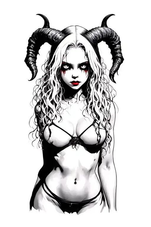 Sexy Pale Girl, Petite, Big Boobs, Wide Hips, G-string. Messy Hair, Demonic Horns, Sexual.... hood, white eyes tattoo design idea
