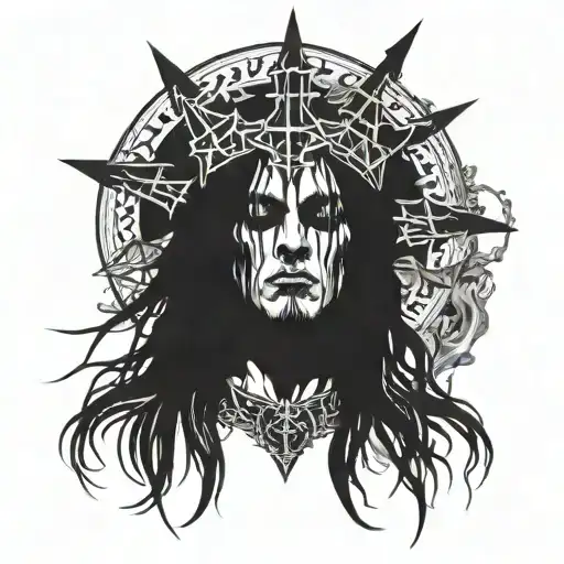 A black metal singer face with long hair, 45 degree side with a little church burning on his head IN BLACK AND WHITE tattoo design idea