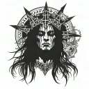 A black metal singer face with long hair, 45 degree side with a little church burning on his head IN BLACK AND WHITE tattoo design idea