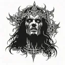 A black metal singer face with long hair, 45 degree side with a little church burning on his head IN BLACK AND WHITE tattoo design idea