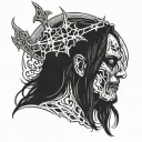 A black metal singer face with long hair, 45 degree side with a little church burning on his head IN BLACK AND WHITE tattoo design idea