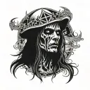 A black metal singer face with long hair, 45 degree side with a little church burning on his head IN BLACK AND WHITE tattoo design idea