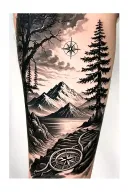 Create a tattoo Micro Realistic for a woman's forearm in black and white. Elements of a mountain, a tree, a compass, DNA tattoo design idea