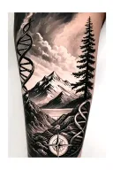 Create a tattoo Micro Realistic for a woman's forearm in black and white. Elements of a mountain, a tree, a compass, DNA tattoo design idea