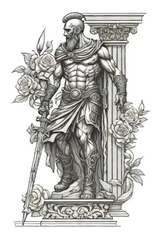 ares god of war standing next to Greek column that is wrapped in rose. Dot shading  tattoo design idea