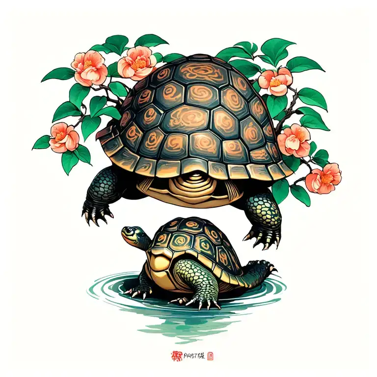 master oogway tortoise peach tree scene tattoo design idea