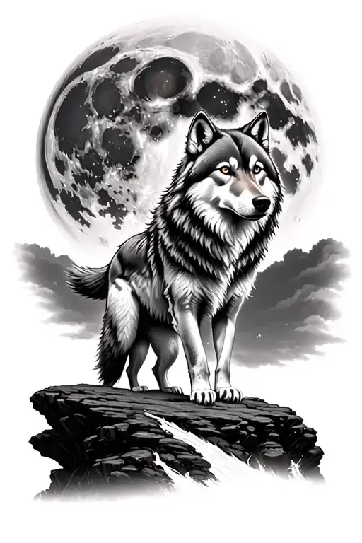 Lone wolf standing on rocky cliff, full moon behind, ultra-detaild realistic fur and eye reflection of the moon tattoo design idea