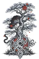yggdrasil tree sorrounded by Jörmungandr eating his own tail like Uroborus with aztec motifs and style tattoo design idea