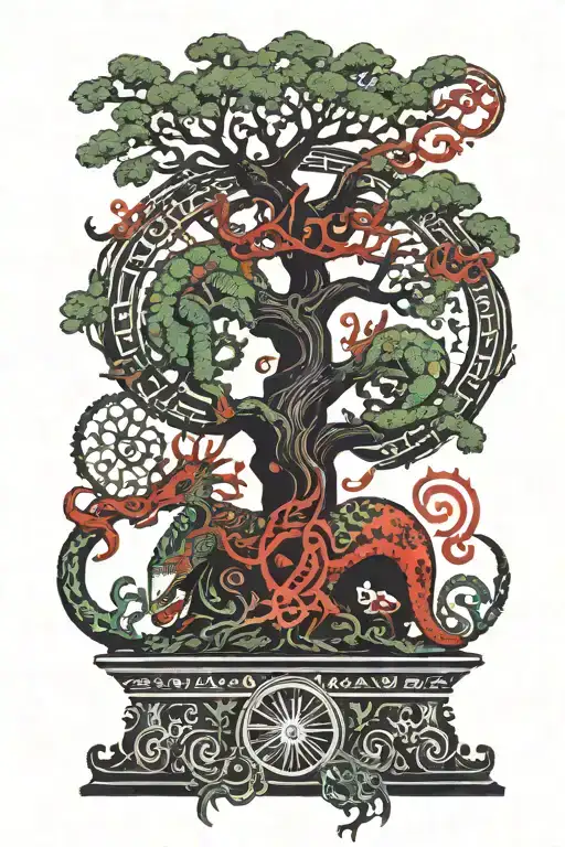 yggdrasil tree sorrounded by Jörmungandr eating his own tail like Uroborus with aztec motifs and style tattoo design idea
