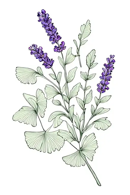 lavender and acacia flowers with gingko leaves tattoo design idea