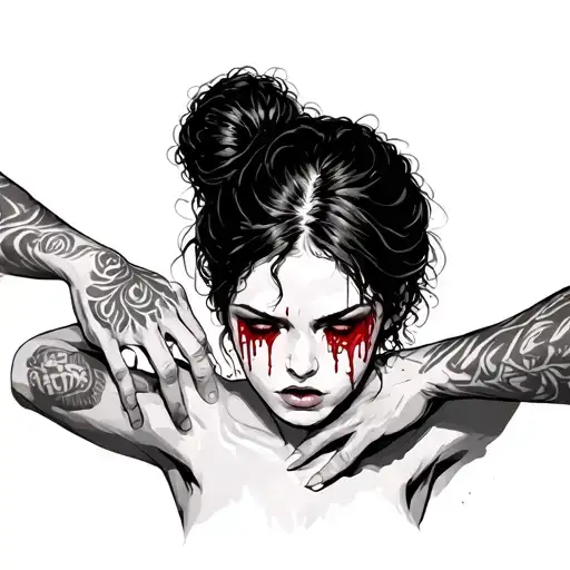 women wit messy bun crying blood from eyes. mans hand around her neck, and her body  tattoo design idea