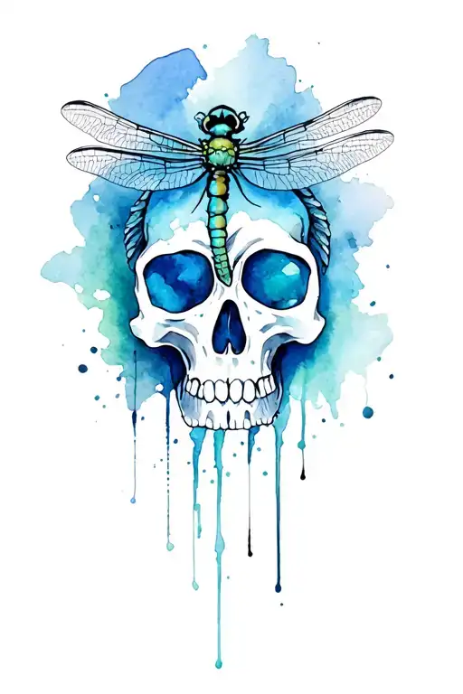 dragon fly and simicoln symbol morphing skull tattoo design idea
