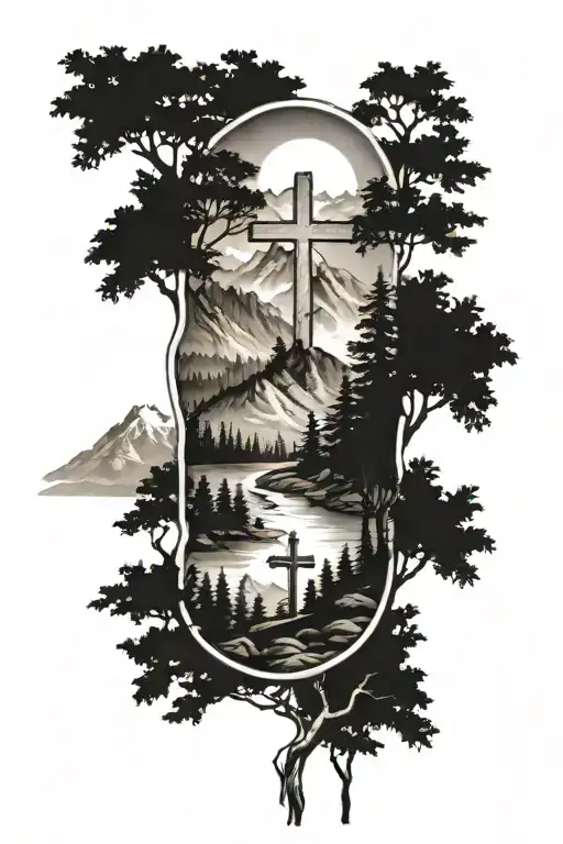 band with trees and mountain landscape with a cross   tattoo design idea