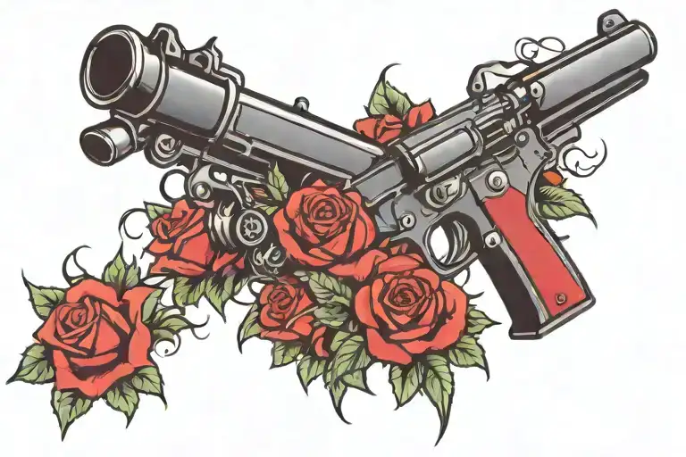 black pistol with red roses coming out of the barrel and thorns going up the gun  tattoo design idea