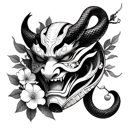 Create an oni mask with snake mask and cherry flowers tattoo design idea