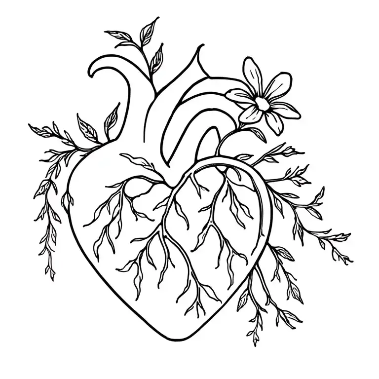 anatomy heart with flower blooming and flowers and vines going down the spine tattoo design idea