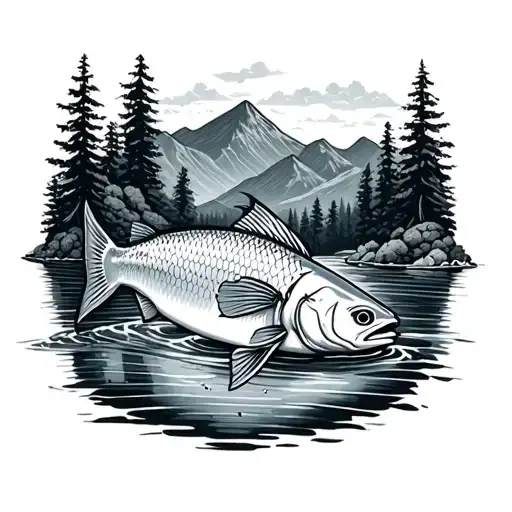fish in stream with mountain background tattoo design idea