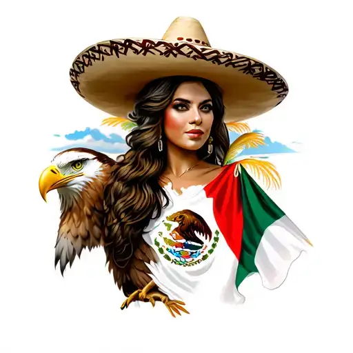 a woman with a sombrero and an eagle and mexican flag tattoo design idea