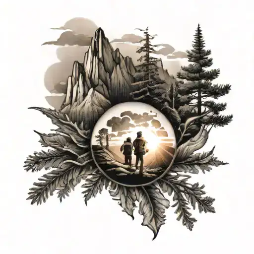 father and son Arthur mountain with sun tattoo design idea