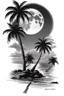 night beach scene with palm trees and a full moon tattoo design idea