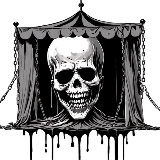 closed horror circus tent with chains hanging dead blood dripping tattoo design idea