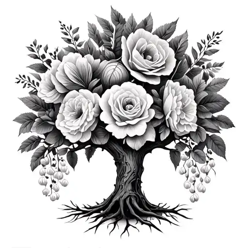 tree of life with birth flowers equal to carnations, rose, lily of the valley tattoo design idea