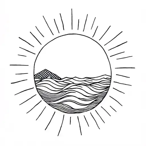 circle in the middle of a sunrise with some waves and rays coming out from the sun upwards but abstracter tattoo design idea