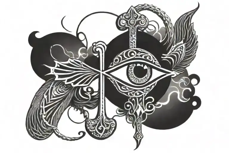 heartbeat line and ankh symbol with eye tattoo design idea