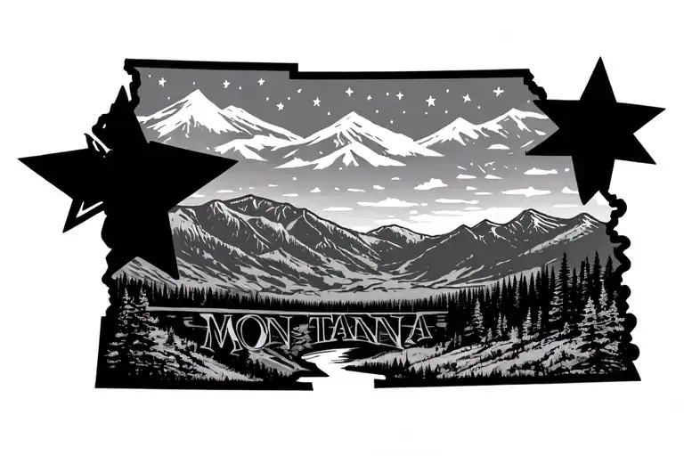 the montana map with stars in missoula, Butte, and Twin Bridges tattoo design idea