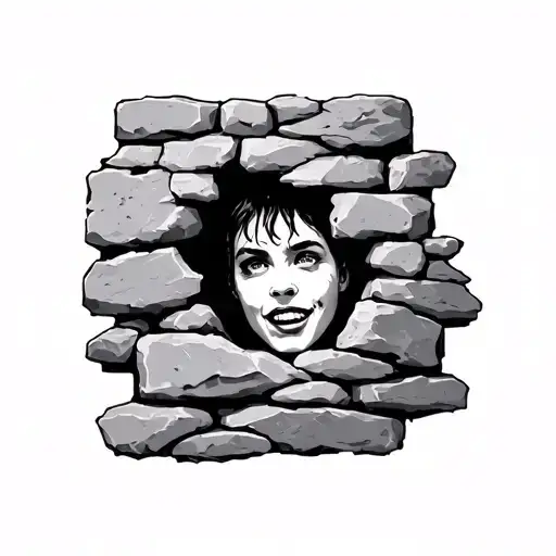 a face struggling to poke trough a stone wall like cloth  tattoo design idea